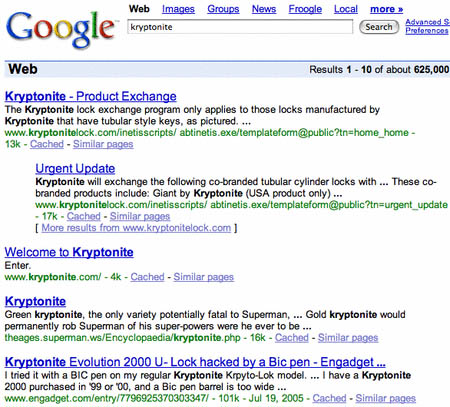 Google search results for kryptonite